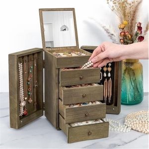 Jewelry Box Wood for Wowen, 5-Layer Large Organizer Box with Mirror & 4 Drawers